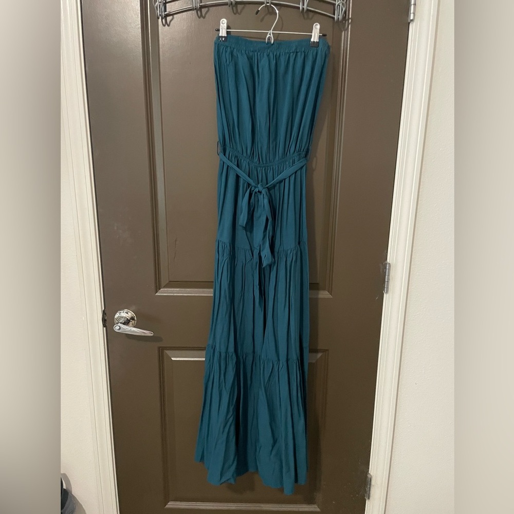 Daenery Elegant Teal Maxi Dress Strapless Tie-waist Tiered Size Small